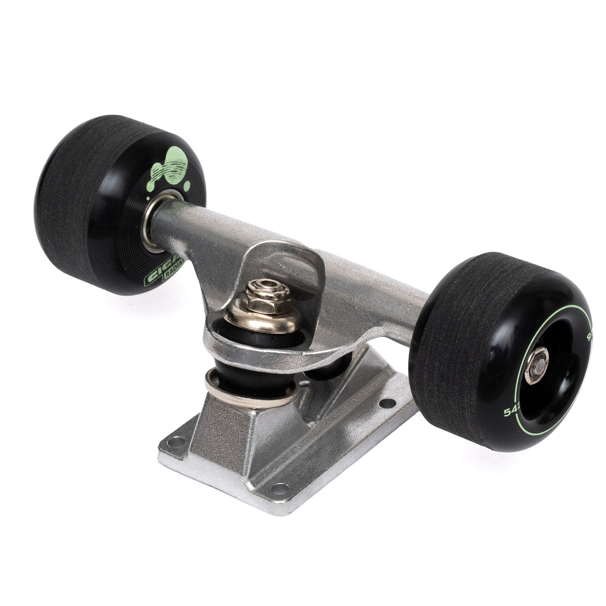 blank silver skateboard trucks with black wheels and black bushings on a white background