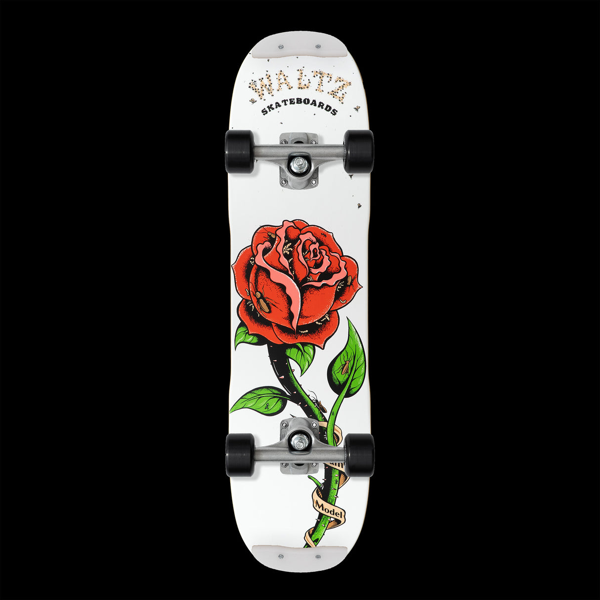 WALTZ FREESTYLE SKATEBOARD  complete pre-assembled deck skid plates flatground with rose and insects bugs white skateboard with red flower and green stem with black wheels and silver trucks skid plates double kick team model double kick