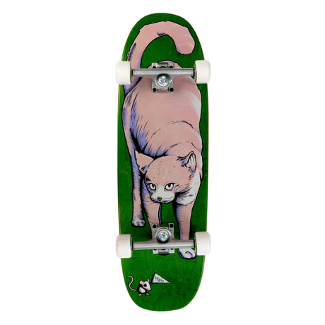 Waltz BIG CAT thiccsby freestyle cruiser complete skateboard green stain with white wheels and silver trucks shaped oldschool board pink cat with mouse

