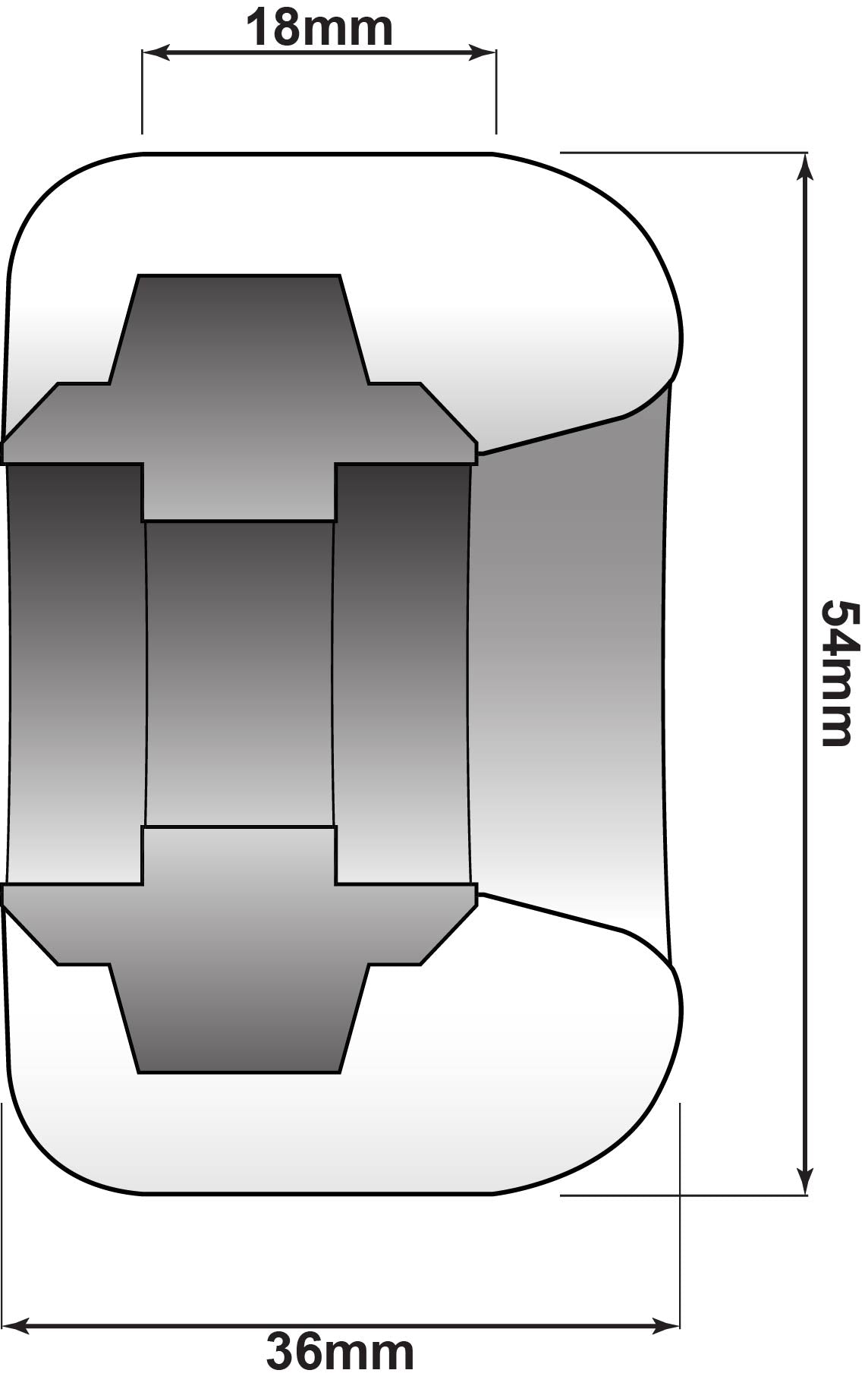 radial side set wheel profile and dimensions offset waltz freestyle wheel skateboard longboard flatground 54mm 97a durometer, 36mm wide black core superthane high performance urethane 
