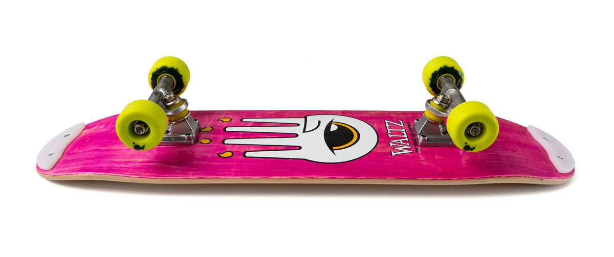pink freestyle skateboard complete on a white background with neon green wheels and a hand of glory printed on it