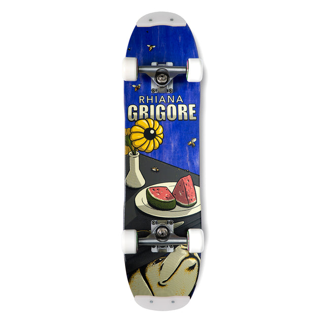 waltz skateboards rhiana grigore pro freestyle board with spoon nose single kick concave purple wood grain dog graphic with flower and bees and watermelon
romania