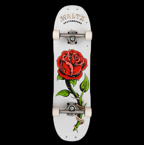 waltz team model 8.125" freestyle skateboard twin tail double kick complete with white wheels skid plates red rose with bugs roaches flies thorns tattoo style comic book oldschool skateboard graphic for caspers double kick